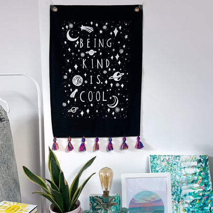 being kind is cool vertical wall hanging - multicolur tassels