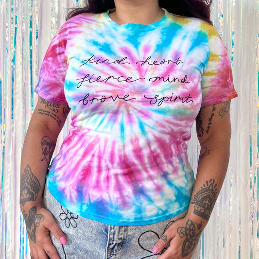 kind heart, fierce mind, brave spirit tie-dye t-shirt