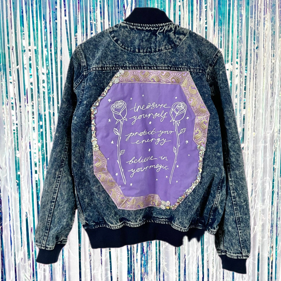 treasure, protect, believe denim bomber jacket