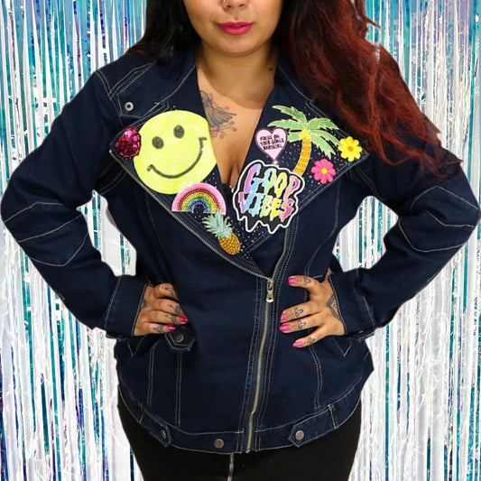 the 'tropical paradise' denim biker jacket