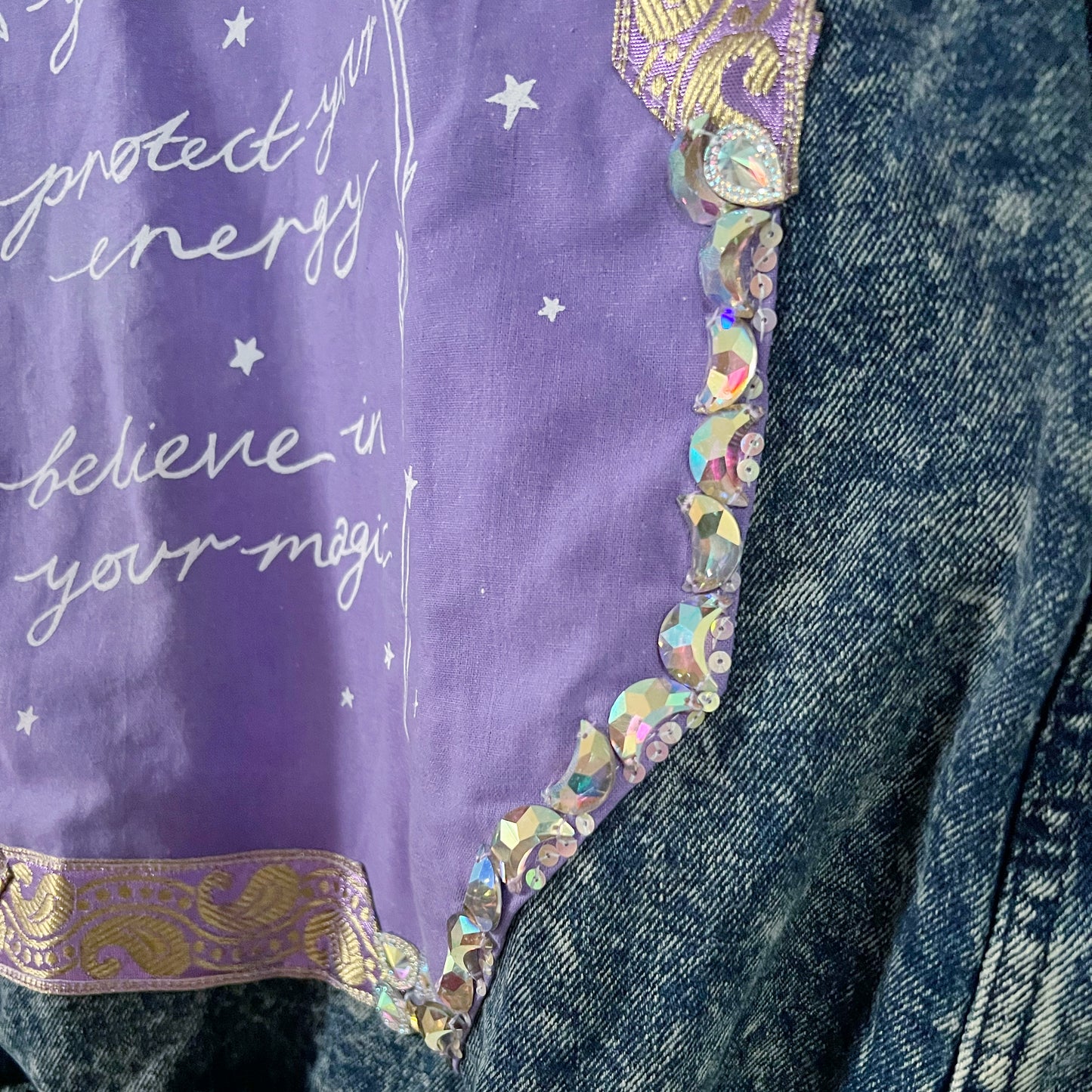 treasure, protect, believe denim bomber jacket