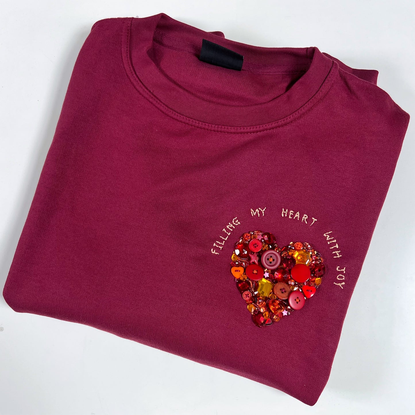 filling my heart with joy - hand-embellished sweatshirt - burgundy