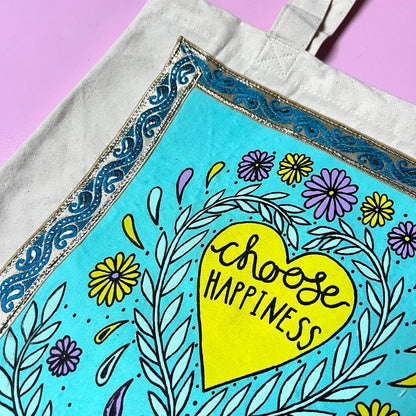 choose happiness tote bag - aqua