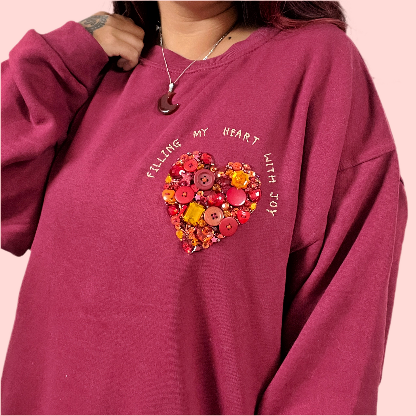 filling my heart with joy - hand-embellished sweatshirt - burgundy