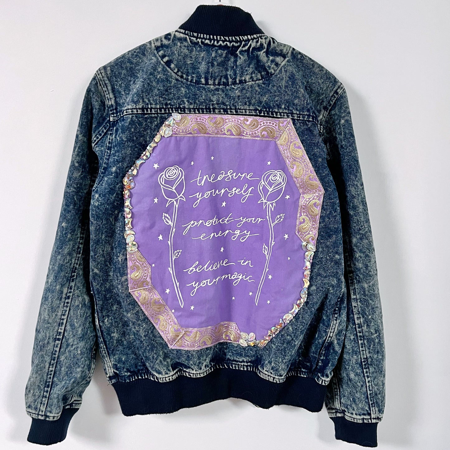 treasure, protect, believe denim bomber jacket