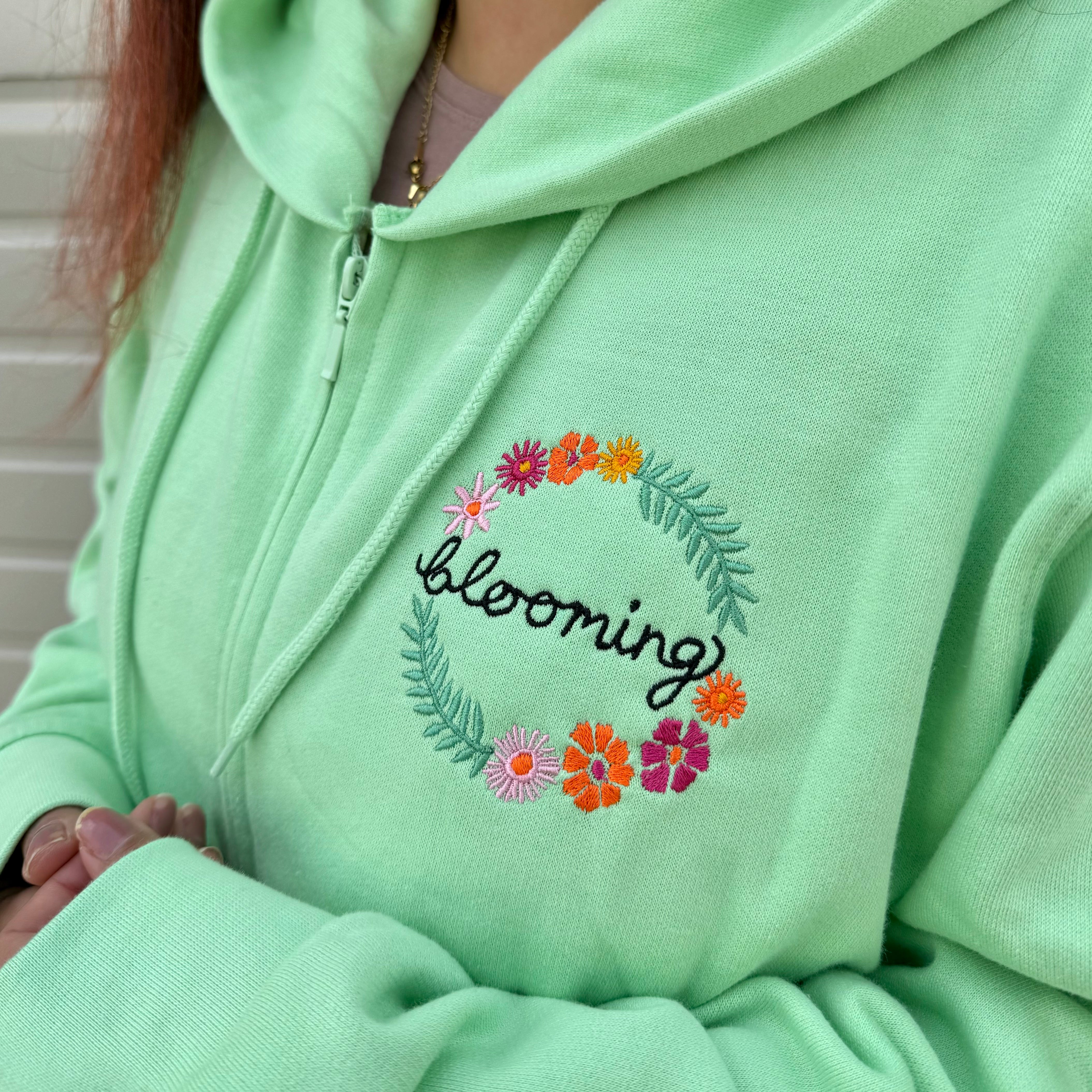 blooming floral embroidered zip up hoodie mint