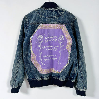 treasure, protect, believe denim bomber jacket