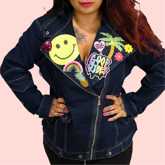 the 'tropical paradise' denim biker jacket