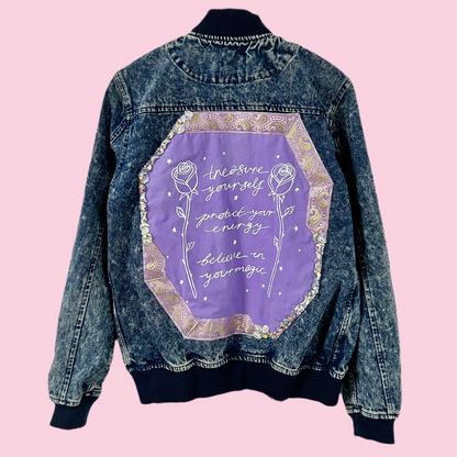 treasure, protect, believe denim bomber jacket