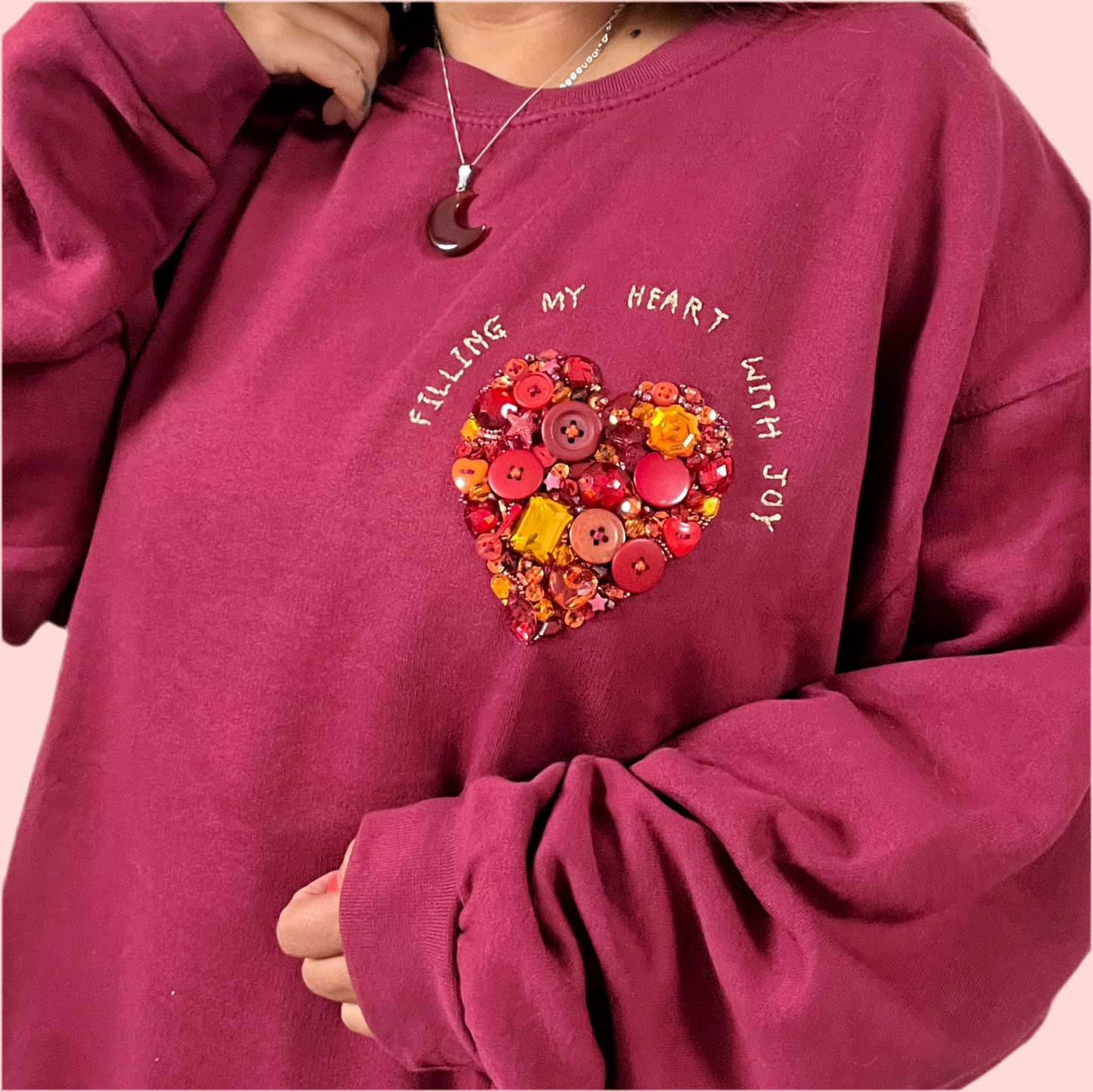 filling my heart with joy - hand-embellished sweatshirt - burgundy