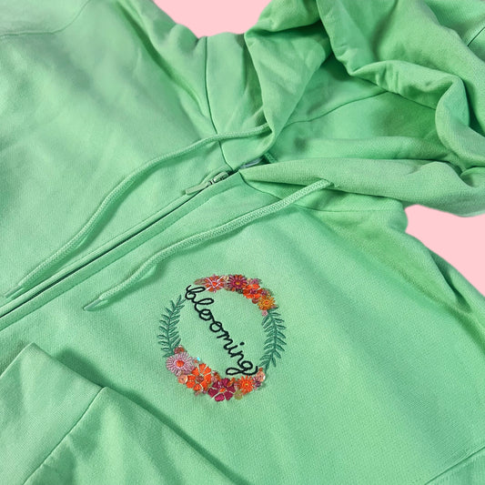 blooming hand-embellished zip-up hoodie - mint