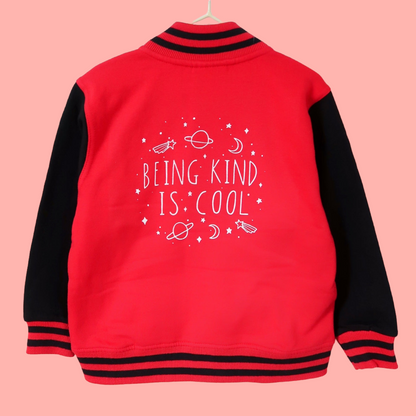 being kind is cool kids varsity jacket - red