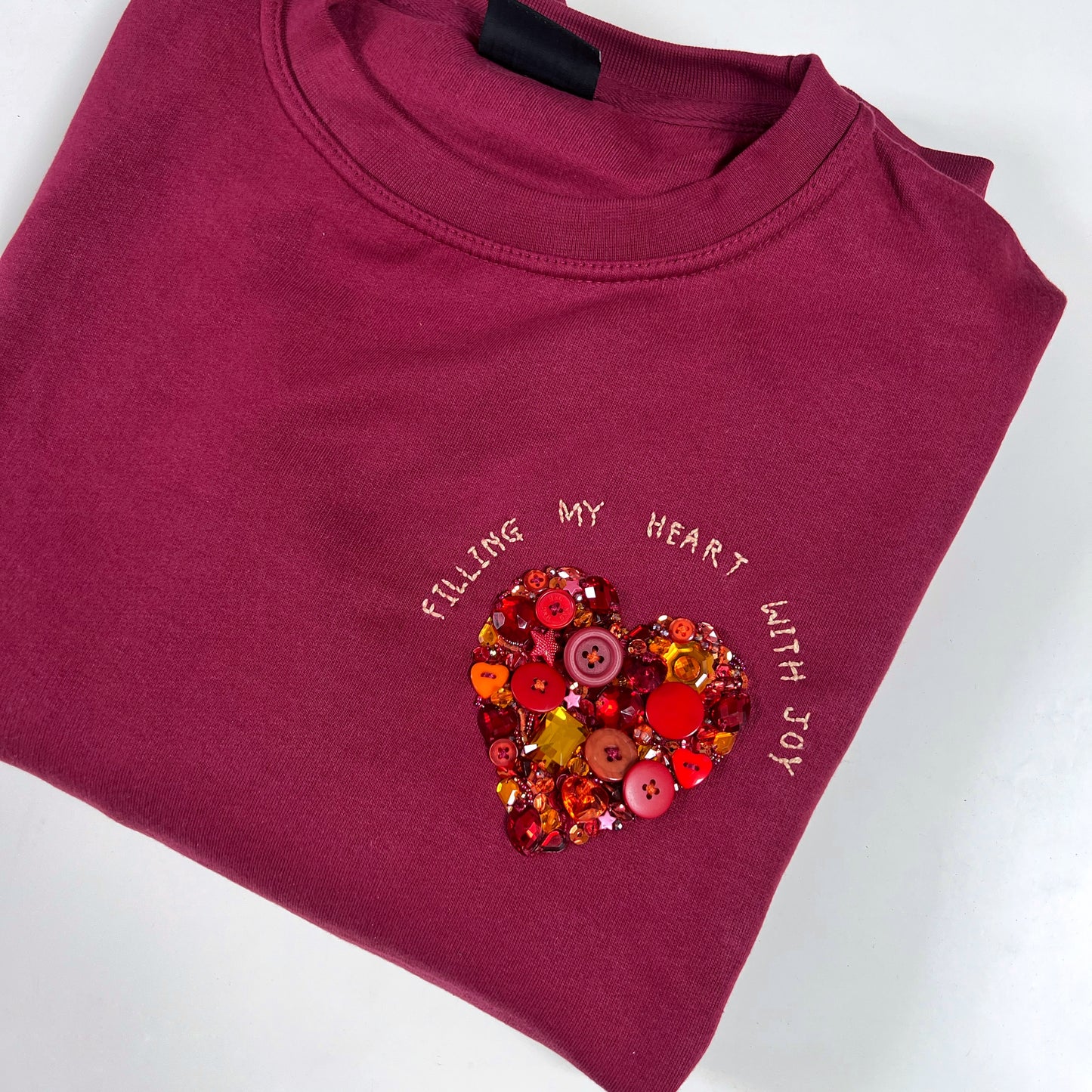 filling my heart with joy - hand-embellished sweatshirt - burgundy