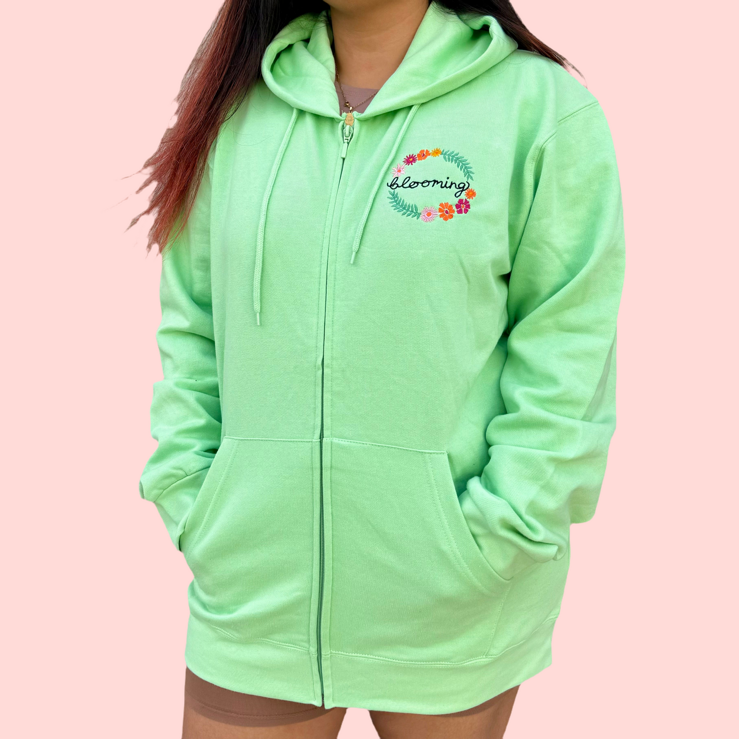 blooming embroidered zip-up hoodie - mint