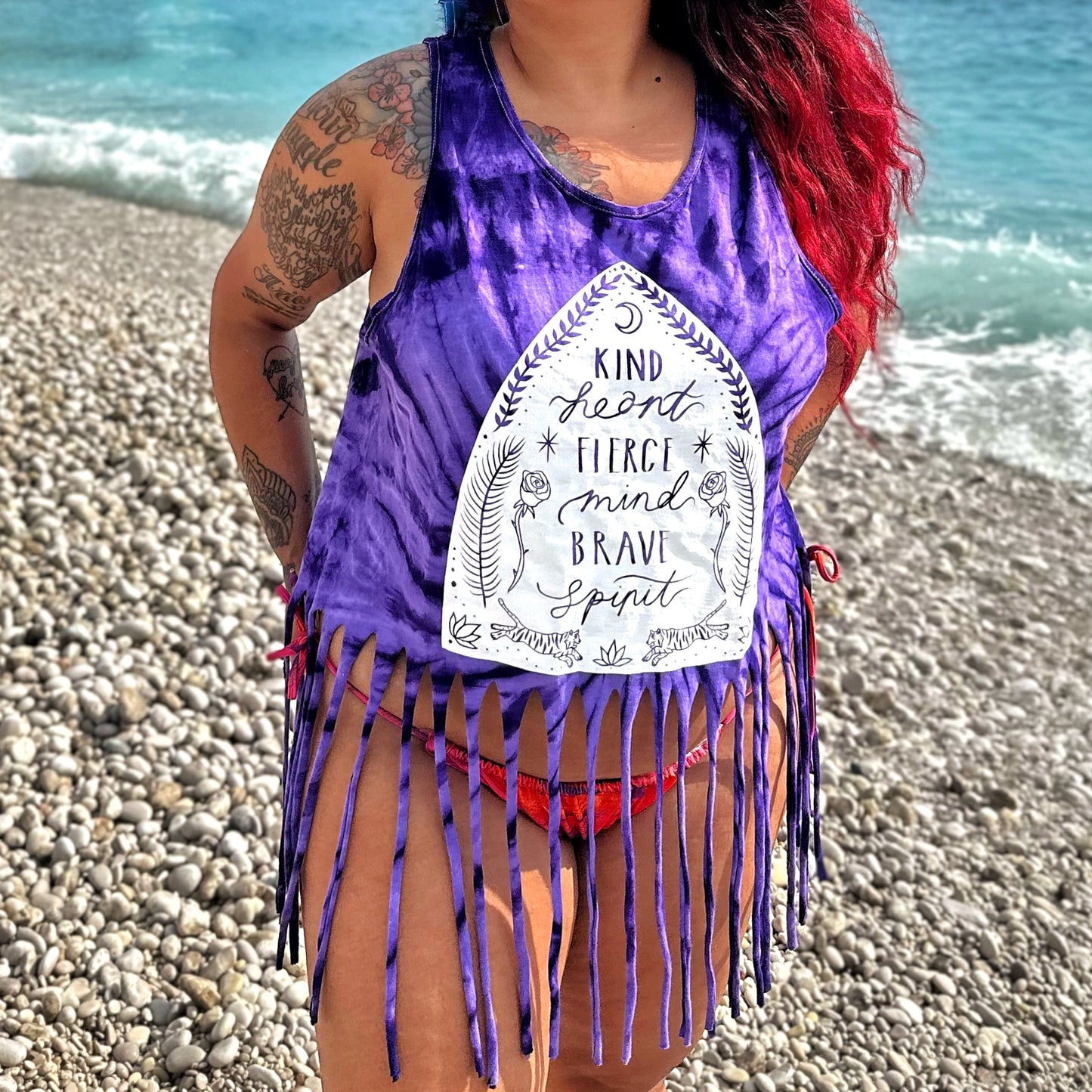 kind heart, fierce mind, brave spirit tassel top - purple