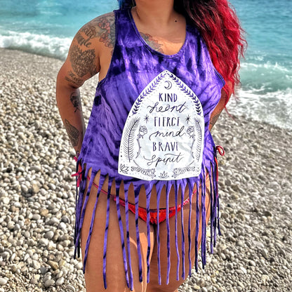 kind heart, fierce mind, brave spirit tassel top - purple